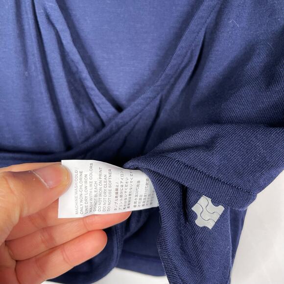 New Ododos Small Navy Blue Cropped Cross Wrap Front Long Sleeve Top Deep V Neck - Picture 9 of 10